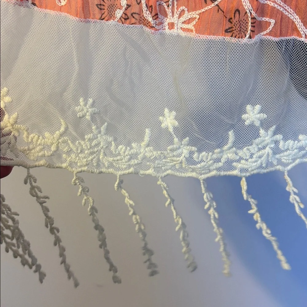 Tickled Pink Orange cream Mesh Crochet Embroidered Floral Scarf Fringe Cotton